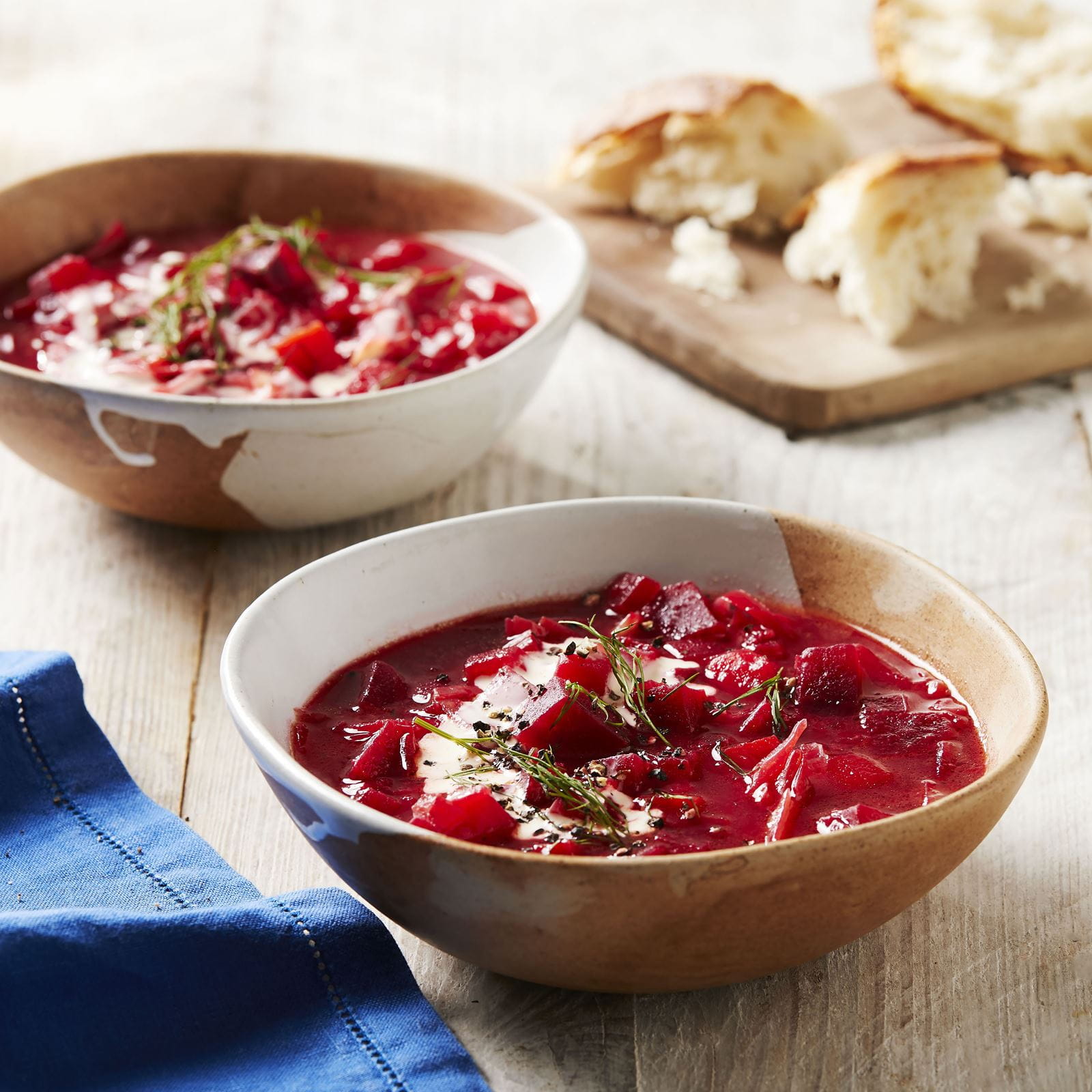 recipe image Beetroot Borsch With Dill And Cream Swirl