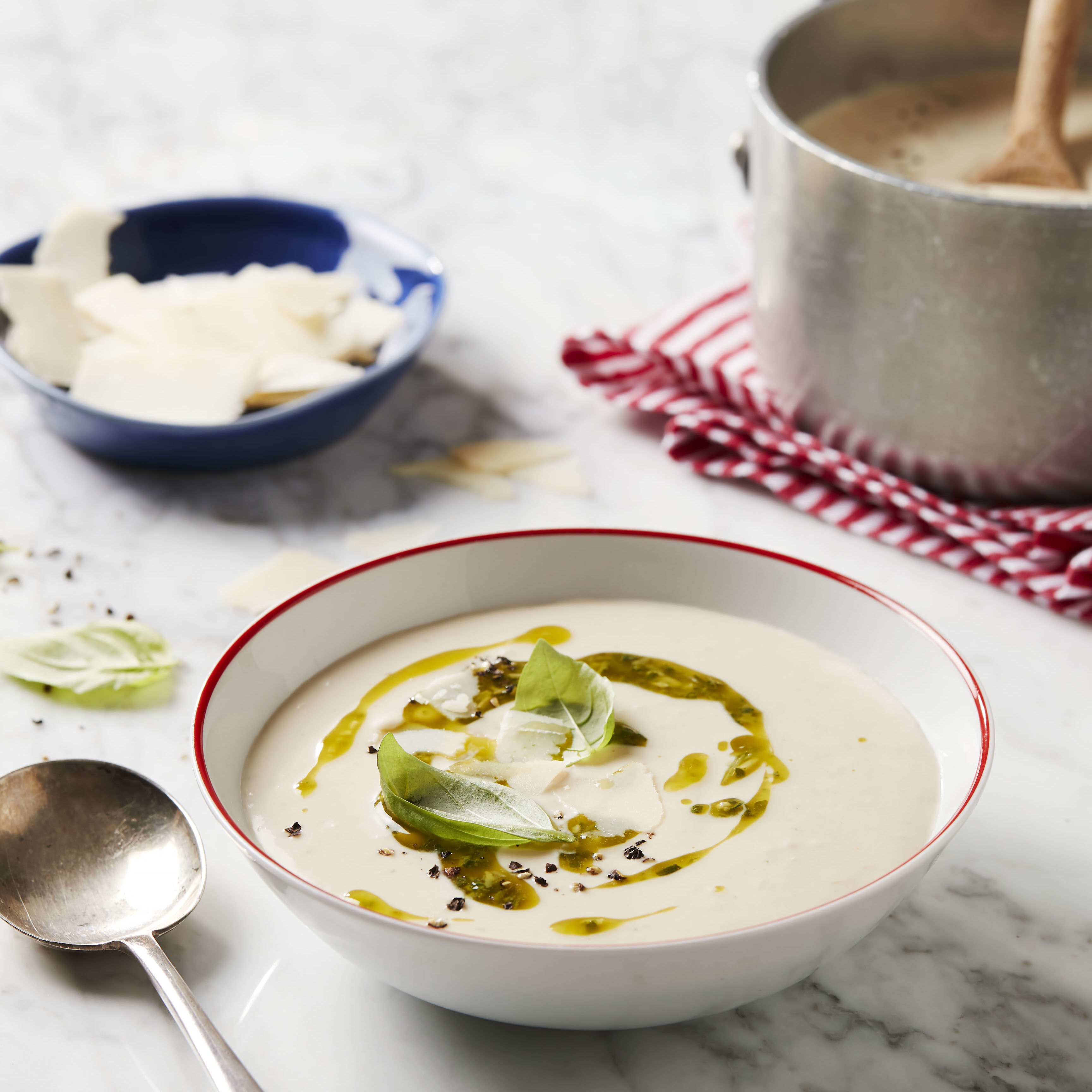 recipe image Creamy White Bean Soup with Pesto Swirl